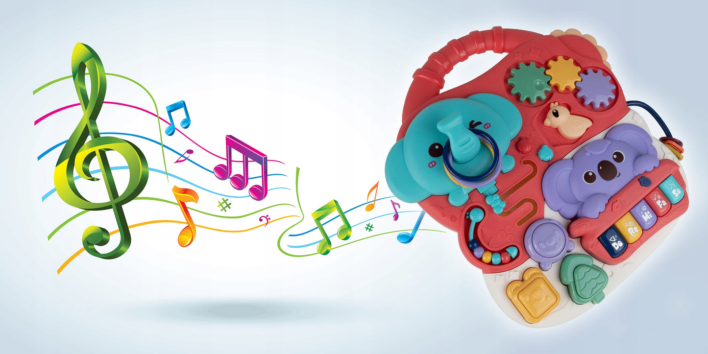 Masuta Interactiva Singing Elephants idealSTORE, cu Sunete, Diverse Melodii, Taste cu Pian, Cos de Baschet cu Mingii, Volum Reglabil, Diferite Activitati