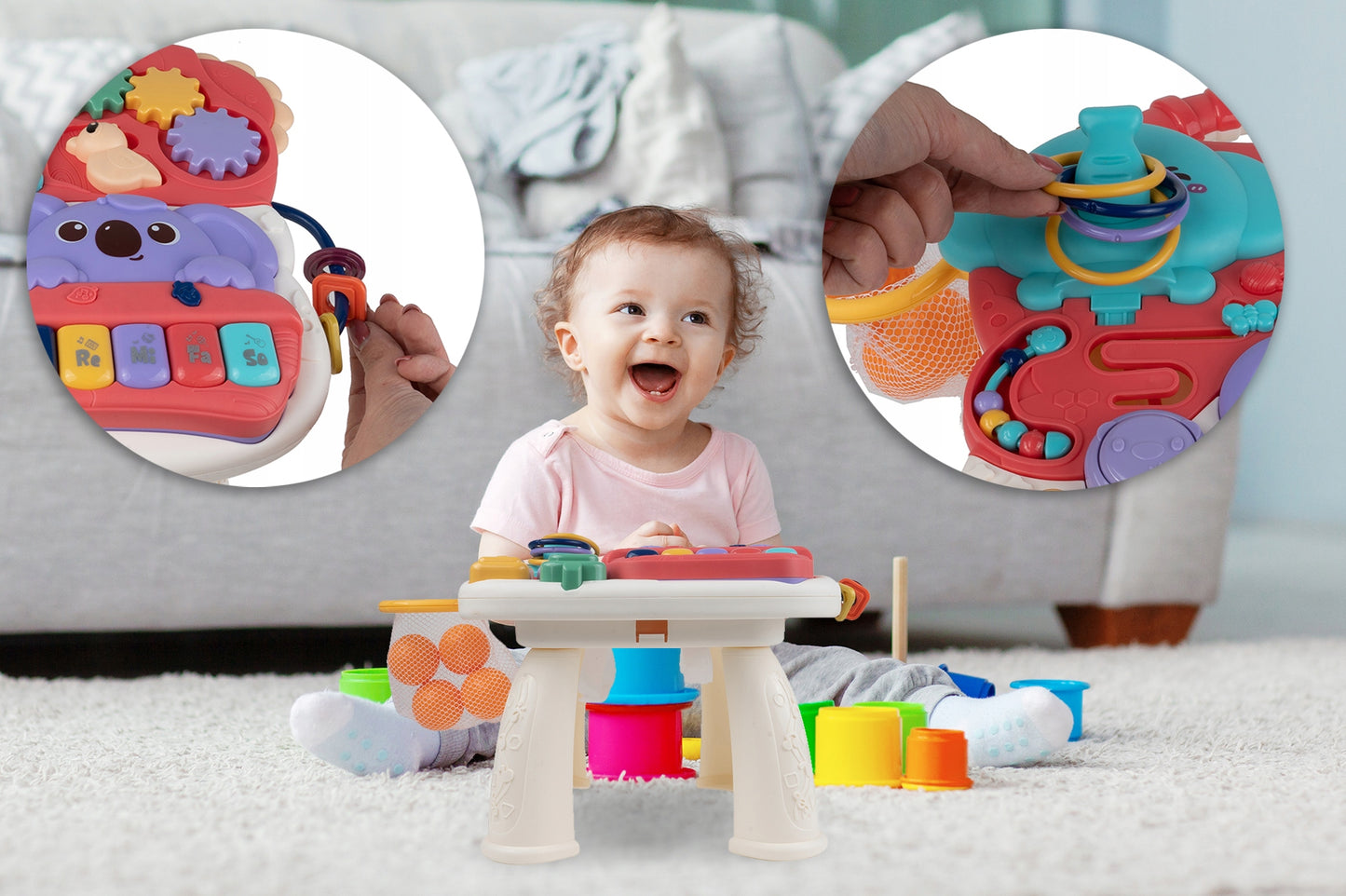 Masuta Interactiva Singing Elephants idealSTORE, cu Sunete, Diverse Melodii, Taste cu Pian, Cos de Baschet cu Mingii, Volum Reglabil, Diferite Activitati