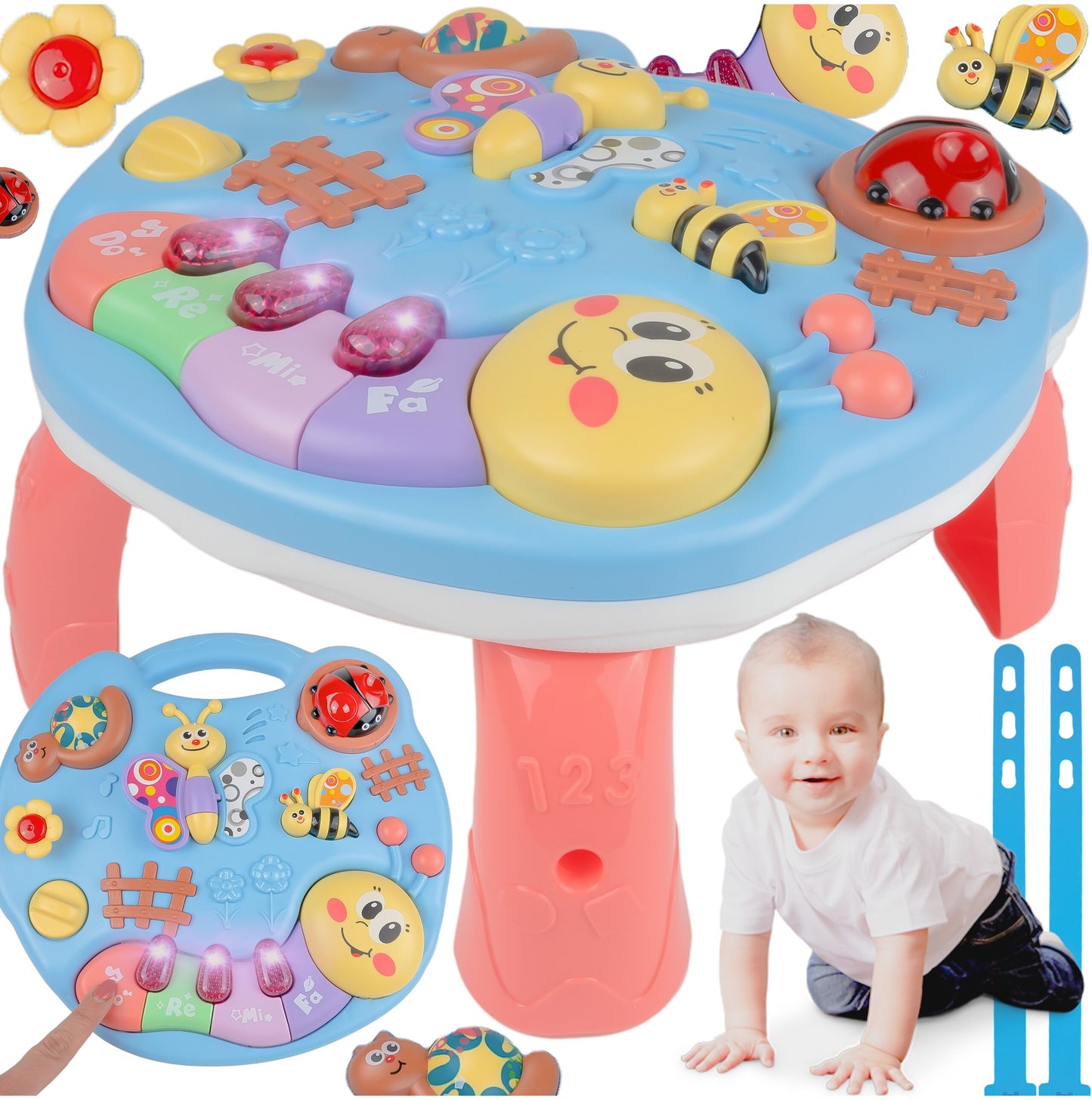 Masuta Educativa 2in1 pentru Bebelusi ZumZum idealSTORE, Accesorizat cu un panou detasabil interactiv cu lumini si sunete, Elemente mobile din panou, Control volum, Capacitatea de a opri vocea, Ajuta la dezvoltarea vazului si auzului