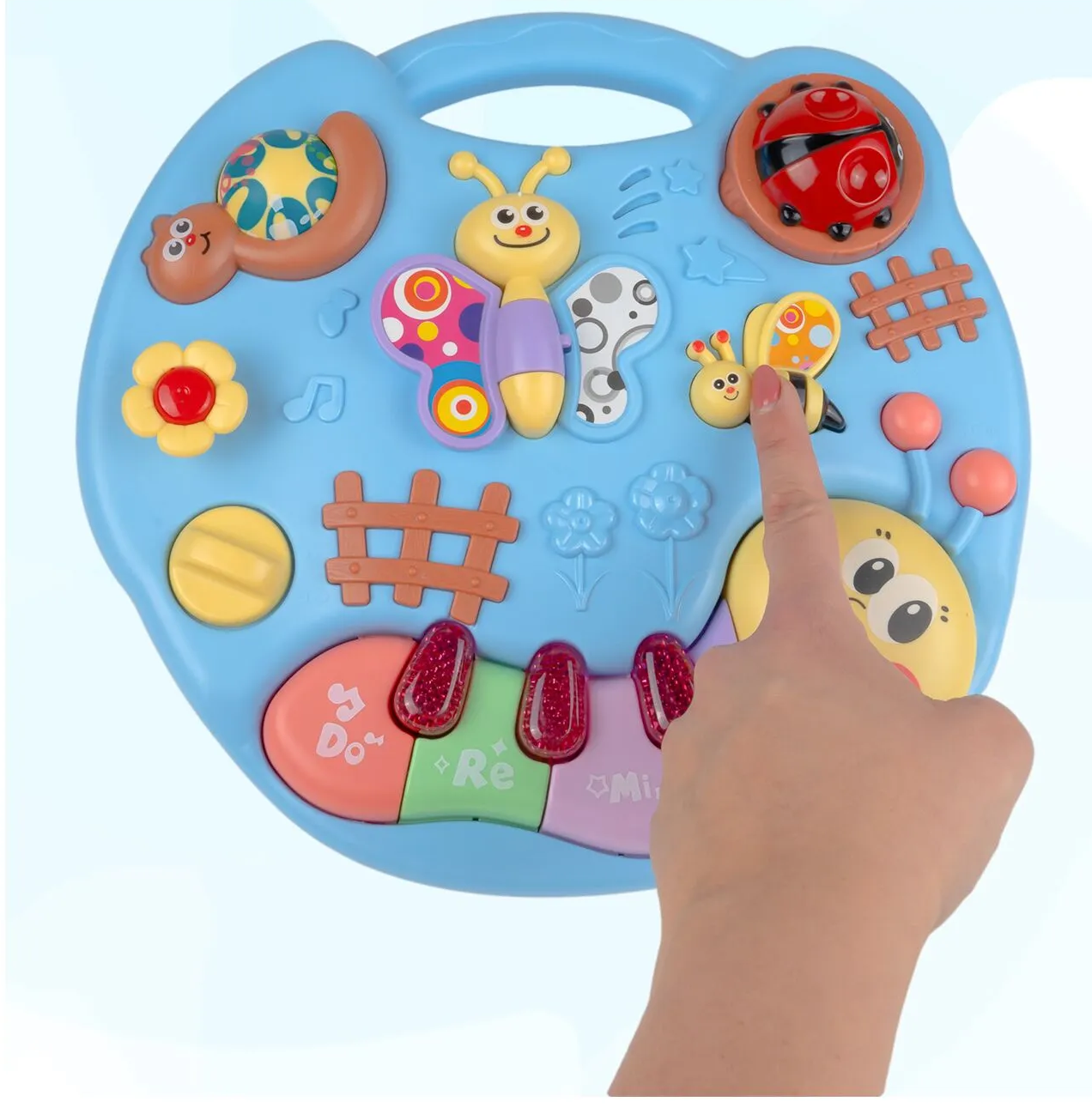 Masuta Educativa 2in1 pentru Bebelusi ZumZum idealSTORE, Accesorizat cu un panou detasabil interactiv cu lumini si sunete, Elemente mobile din panou, Control volum, Capacitatea de a opri vocea, Ajuta la dezvoltarea vazului si auzului