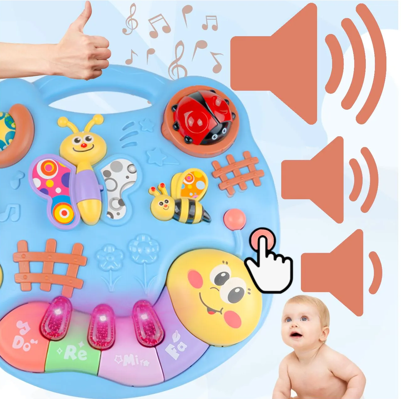 Masuta Educativa 2in1 pentru Bebelusi ZumZum idealSTORE, Accesorizat cu un panou detasabil interactiv cu lumini si sunete, Elemente mobile din panou, Control volum, Capacitatea de a opri vocea, Ajuta la dezvoltarea vazului si auzului