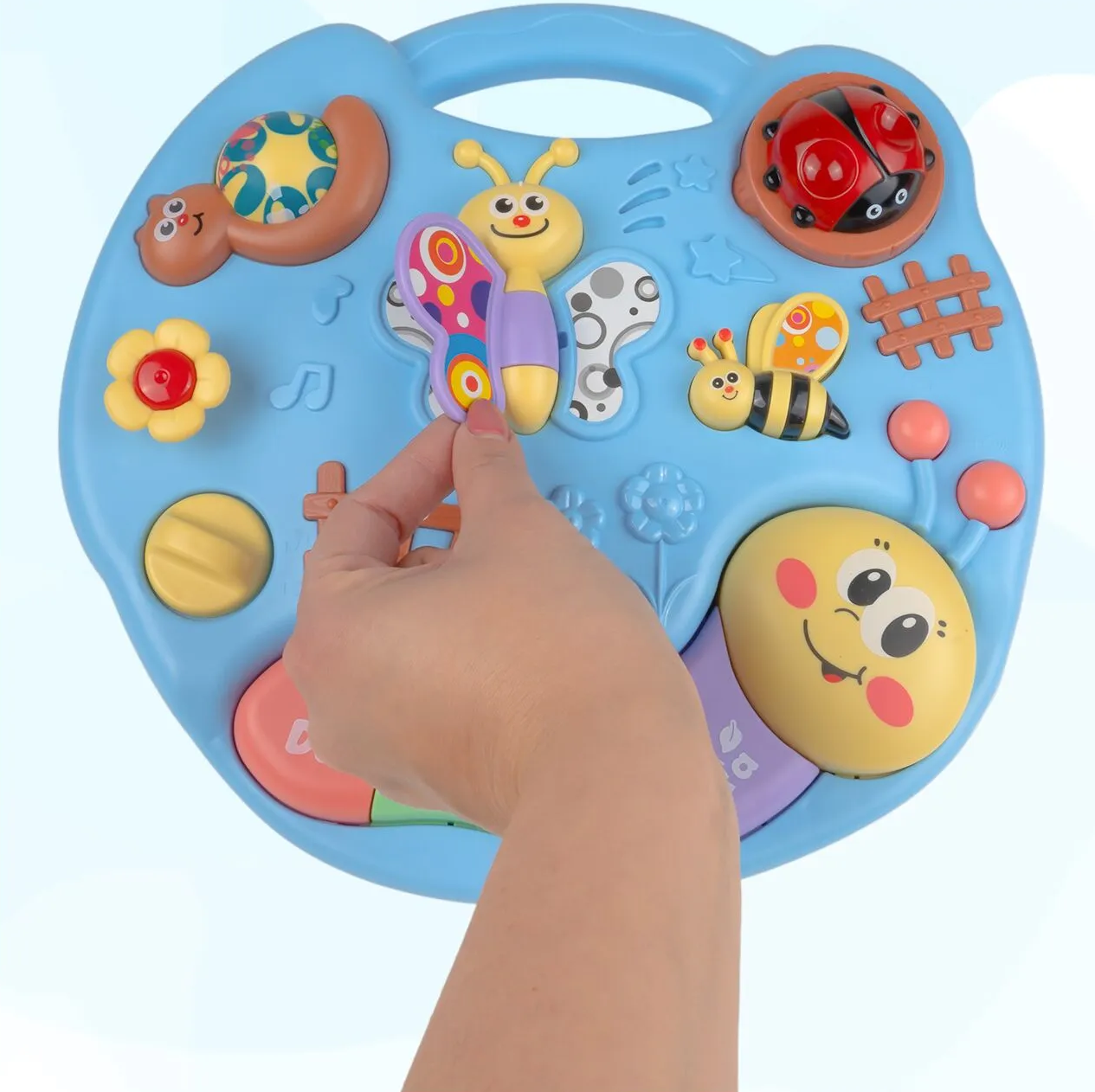 Masuta Educativa 2in1 pentru Bebelusi ZumZum idealSTORE, Accesorizat cu un panou detasabil interactiv cu lumini si sunete, Elemente mobile din panou, Control volum, Capacitatea de a opri vocea, Ajuta la dezvoltarea vazului si auzului