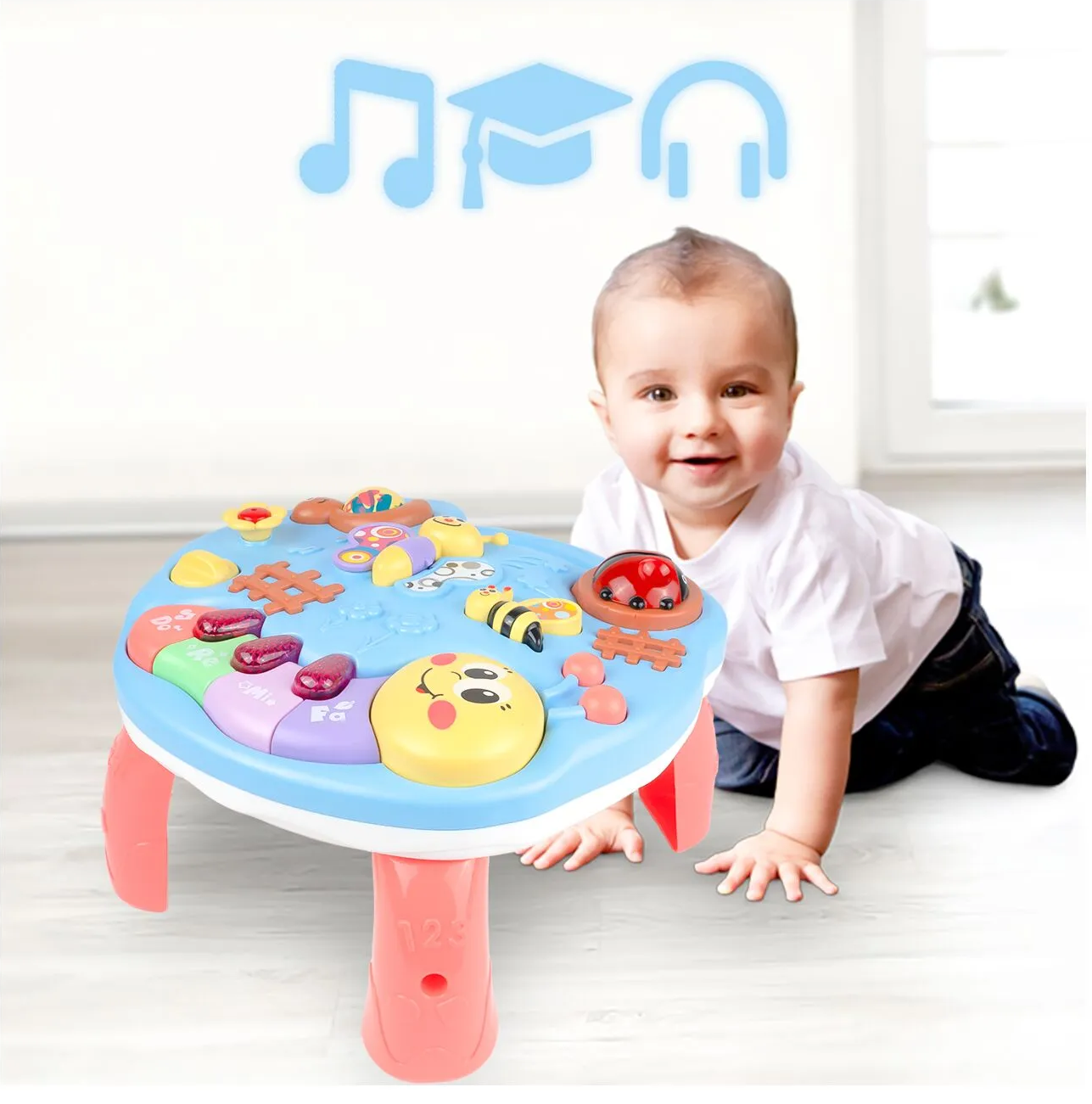 Masuta Educativa 2in1 pentru Bebelusi ZumZum idealSTORE, Accesorizat cu un panou detasabil interactiv cu lumini si sunete, Elemente mobile din panou, Control volum, Capacitatea de a opri vocea, Ajuta la dezvoltarea vazului si auzului