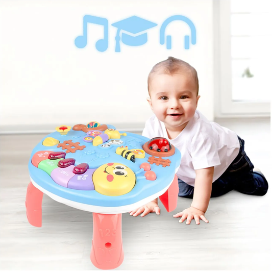 Masuta Educativa 2in1 pentru Bebelusi ZumZum idealSTORE, Accesorizat cu un panou detasabil interactiv cu lumini si sunete, Elemente mobile din panou, Control volum, Capacitatea de a opri vocea, Ajuta la dezvoltarea vazului si auzului