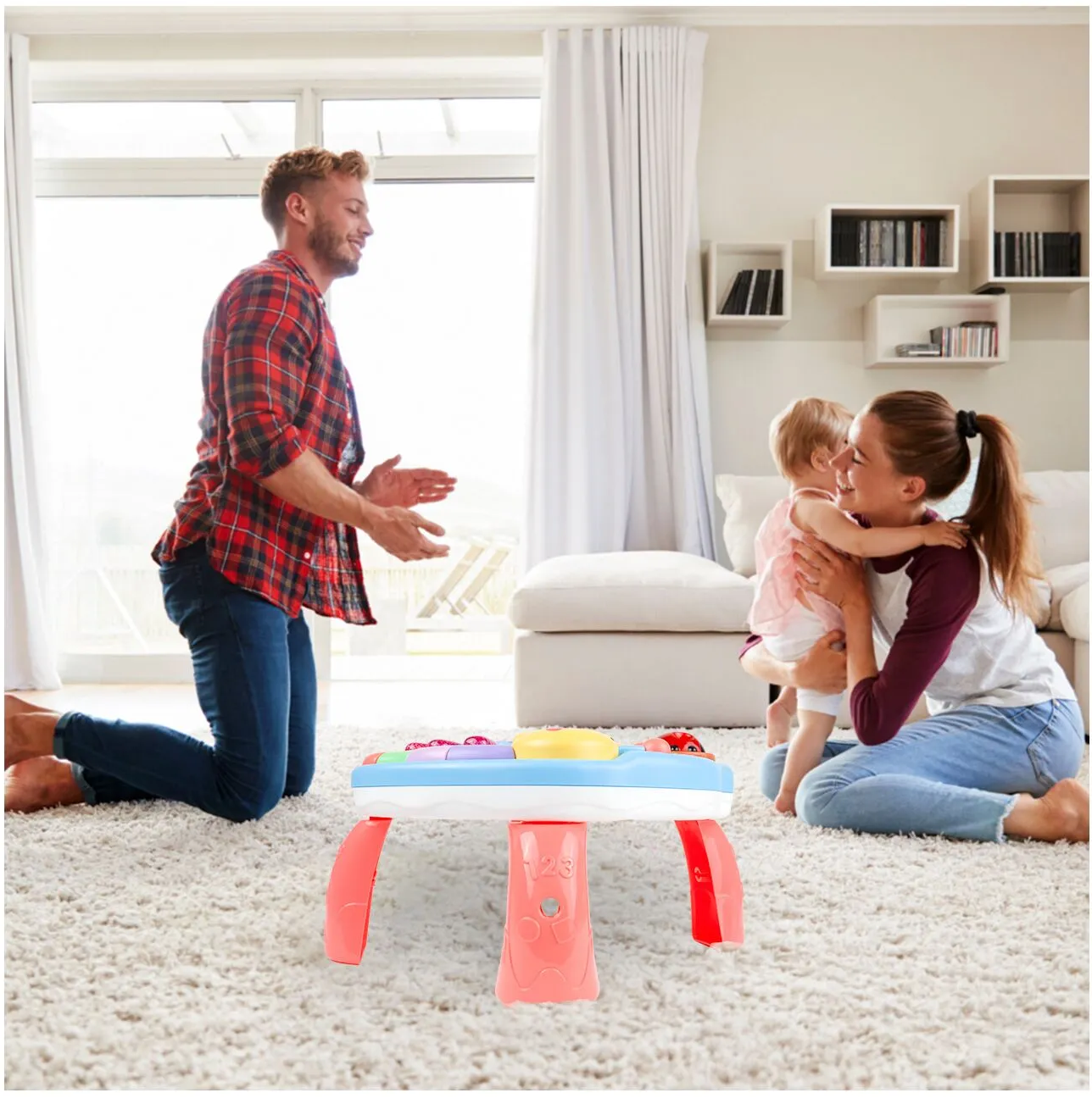 Masuta Educativa 2in1 pentru Bebelusi ZumZum idealSTORE, Accesorizat cu un panou detasabil interactiv cu lumini si sunete, Elemente mobile din panou, Control volum, Capacitatea de a opri vocea, Ajuta la dezvoltarea vazului si auzului