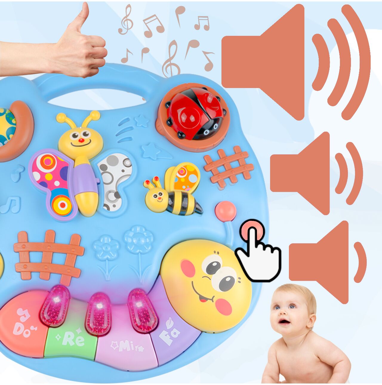 Masuta Educativa 2in1 pentru Bebelusi ZumZum idealSTORE, Accesorizat cu un panou detasabil interactiv cu lumini si sunete, Elemente mobile din panou, Control volum, Capacitatea de a opri vocea, Ajuta la dezvoltarea vazului si auzului