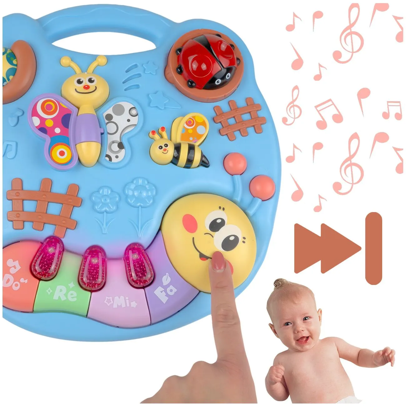 Masuta Educativa 2in1 pentru Bebelusi ZumZum idealSTORE, Accesorizat cu un panou detasabil interactiv cu lumini si sunete, Elemente mobile din panou, Control volum, Capacitatea de a opri vocea, Ajuta la dezvoltarea vazului si auzului