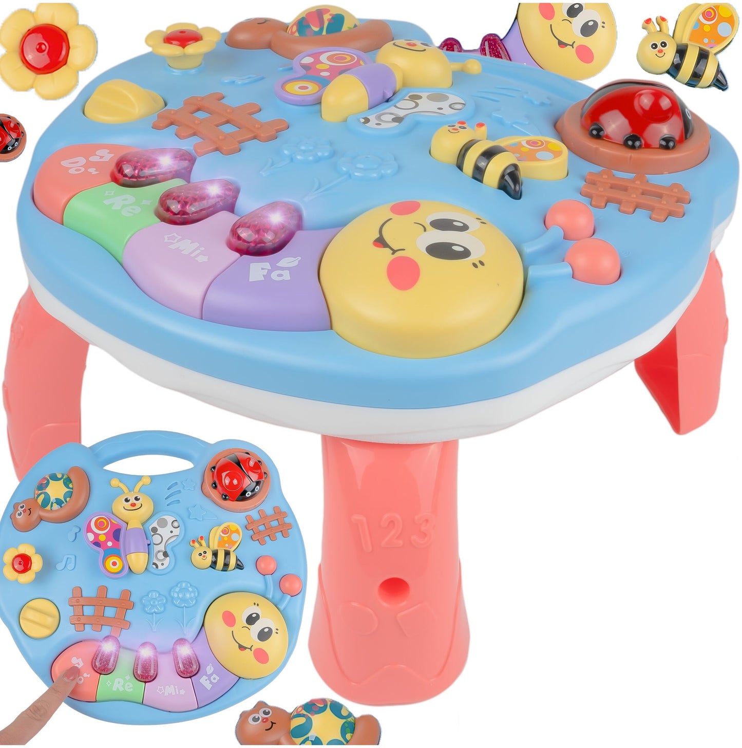 Masuta Educativa 2in1 pentru Bebelusi ZumZum idealSTORE, Accesorizat cu un panou detasabil interactiv cu lumini si sunete, Elemente mobile din panou, Control volum, Capacitatea de a opri vocea, Ajuta la dezvoltarea vazului si auzului