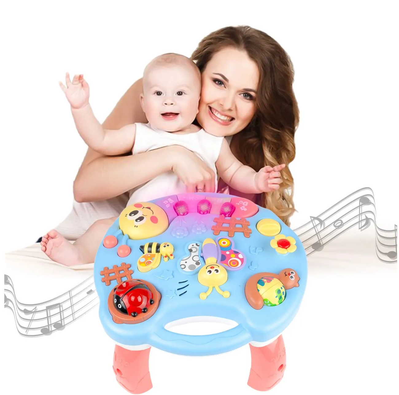 Masuta Educativa 2in1 pentru Bebelusi ZumZum idealSTORE, Accesorizat cu un panou detasabil interactiv cu lumini si sunete, Elemente mobile din panou, Control volum, Capacitatea de a opri vocea, Ajuta la dezvoltarea vazului si auzului