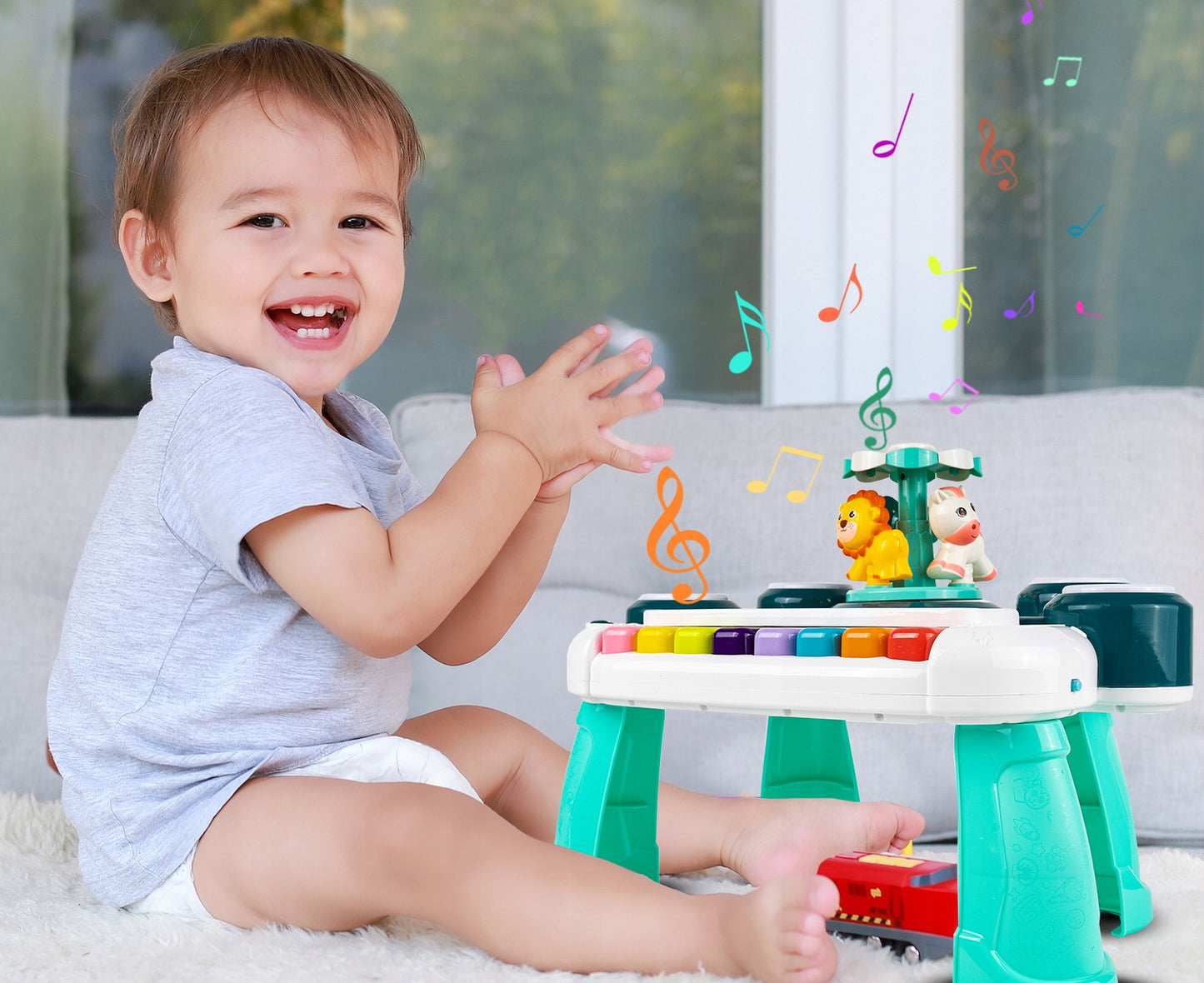 Masuta Educativa pentru Bebelusi 3 in 1 Animal Concert idealSTORE, Include un pian colorat cu lumini si sunete, Carusel cu Animalute, Tobe Muzicale, Comutator ON/OFF, Dezvolta Imaginatia Copilului