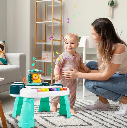 Masuta Educativa pentru Bebelusi 3 in 1 Animal Concert idealSTORE, Include un pian colorat cu lumini si sunete, Carusel cu Animalute, Tobe Muzicale, Comutator ON/OFF, Dezvolta Imaginatia Copilului