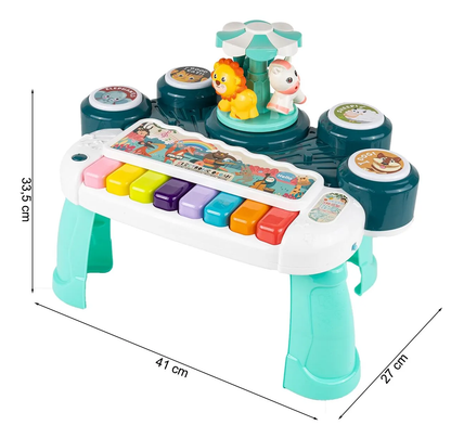 Masuta Educativa pentru Bebelusi 3 in 1 Animal Concert idealSTORE, Include un pian colorat cu lumini si sunete, Carusel cu Animalute, Tobe Muzicale, Comutator ON/OFF, Dezvolta Imaginatia Copilului