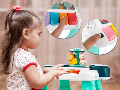 Masuta Educativa pentru Bebelusi 3 in 1 Animal Concert idealSTORE, Include un pian colorat cu lumini si sunete, Carusel cu Animalute, Tobe Muzicale, Comutator ON/OFF, Dezvolta Imaginatia Copilului