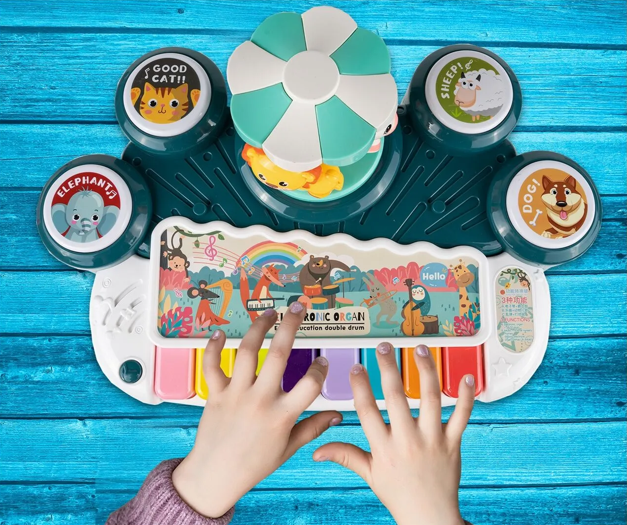 Masuta Educativa pentru Bebelusi 3 in 1 Animal Concert idealSTORE, Include un pian colorat cu lumini si sunete, Carusel cu Animalute, Tobe Muzicale, Comutator ON/OFF, Dezvolta Imaginatia Copilului