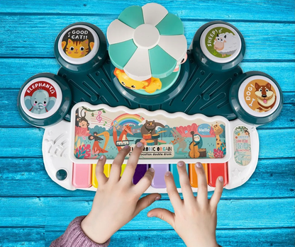 Masuta Educativa pentru Bebelusi 3 in 1 Animal Concert idealSTORE, Include un pian colorat cu lumini si sunete, Carusel cu Animalute, Tobe Muzicale, Comutator ON/OFF, Dezvolta Imaginatia Copilului