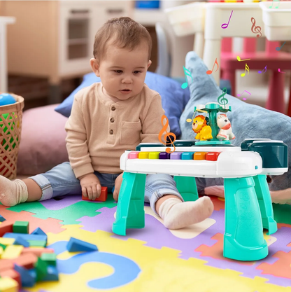 Masuta Educativa pentru Bebelusi 3 in 1 Animal Concert idealSTORE, Include un pian colorat cu lumini si sunete, Carusel cu Animalute, Tobe Muzicale, Comutator ON/OFF, Dezvolta Imaginatia Copilului