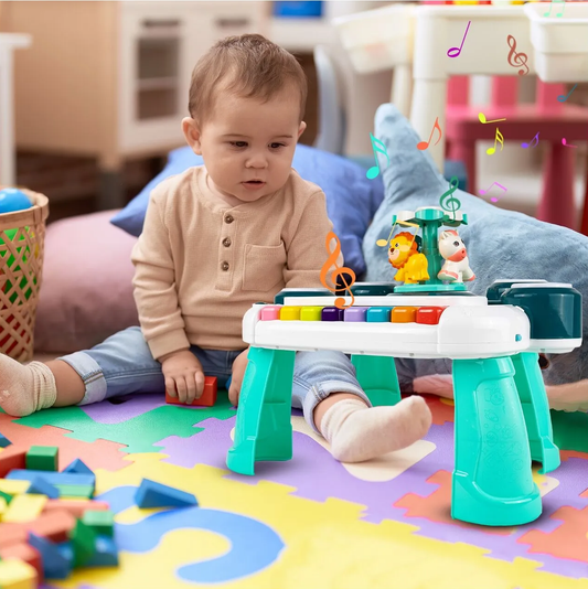 Masuta Educativa pentru Bebelusi 3 in 1 Animal Concert idealSTORE, Include un pian colorat cu lumini si sunete, Carusel cu Animalute, Tobe Muzicale, Comutator ON/OFF, Dezvolta Imaginatia Copilului