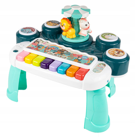 Masuta Educativa pentru Bebelusi 3 in 1 Animal Concert idealSTORE, Include un pian colorat cu lumini si sunete, Carusel cu Animalute, Tobe Muzicale, Comutator ON/OFF, Dezvolta Imaginatia Copilului