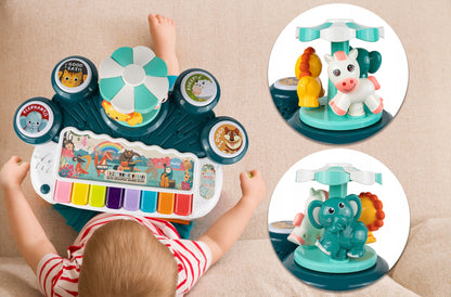Masuta Educativa pentru Bebelusi 3 in 1 Animal Concert idealSTORE, Include un pian colorat cu lumini si sunete, Carusel cu Animalute, Tobe Muzicale, Comutator ON/OFF, Dezvolta Imaginatia Copilului