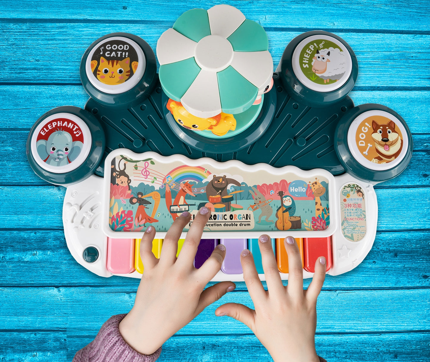 Masuta Educativa pentru Bebelusi 3 in 1 Animal Concert idealSTORE, Include un pian colorat cu lumini si sunete, Carusel cu Animalute, Tobe Muzicale, Comutator ON/OFF, Dezvolta Imaginatia Copilului