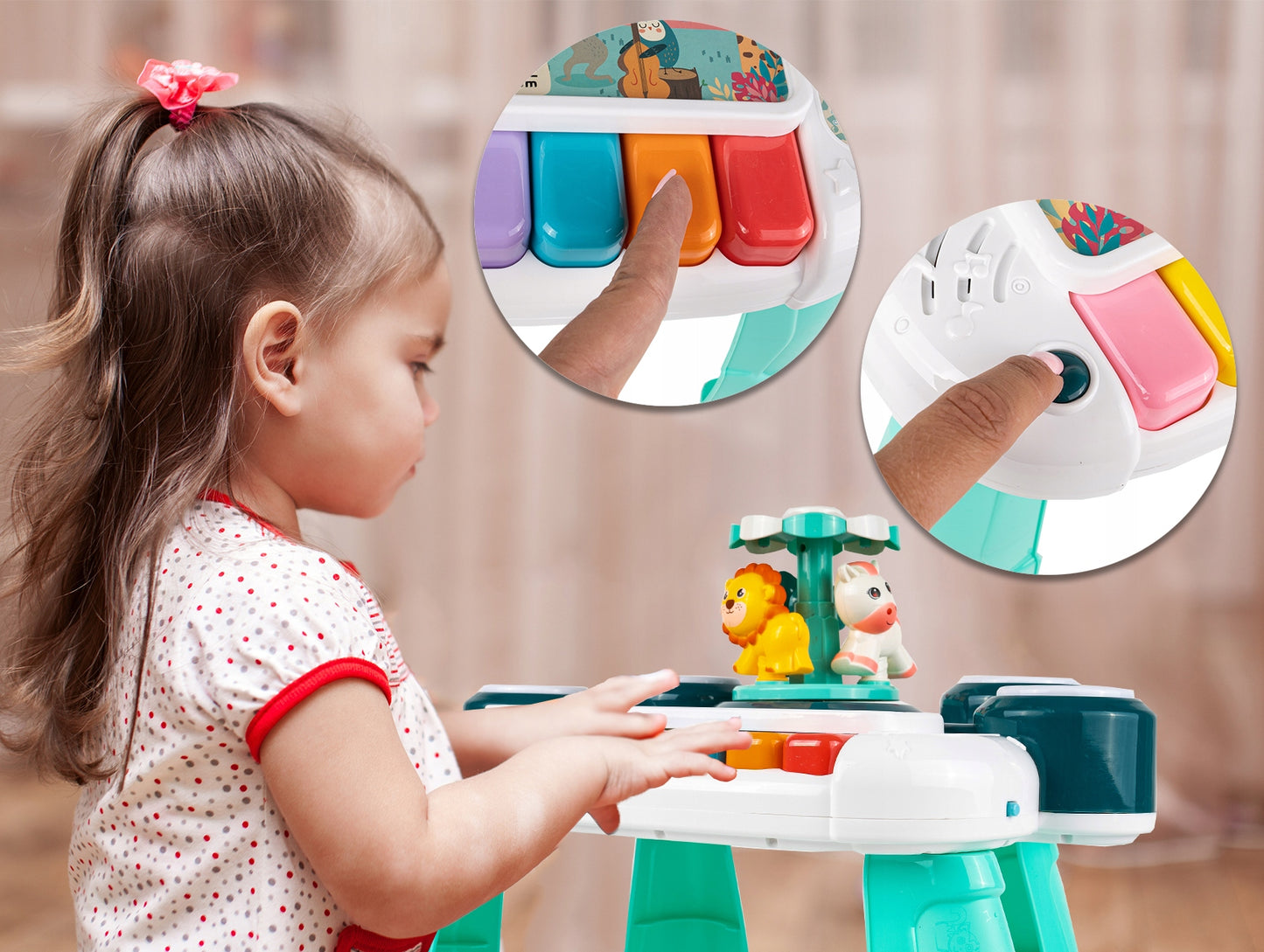 Masuta Educativa pentru Bebelusi 3 in 1 Animal Concert idealSTORE, Include un pian colorat cu lumini si sunete, Carusel cu Animalute, Tobe Muzicale, Comutator ON/OFF, Dezvolta Imaginatia Copilului