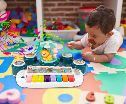 Masuta Educativa pentru Bebelusi 3 in 1 Animal Concert idealSTORE, Include un pian colorat cu lumini si sunete, Carusel cu Animalute, Tobe Muzicale, Comutator ON/OFF, Dezvolta Imaginatia Copilului