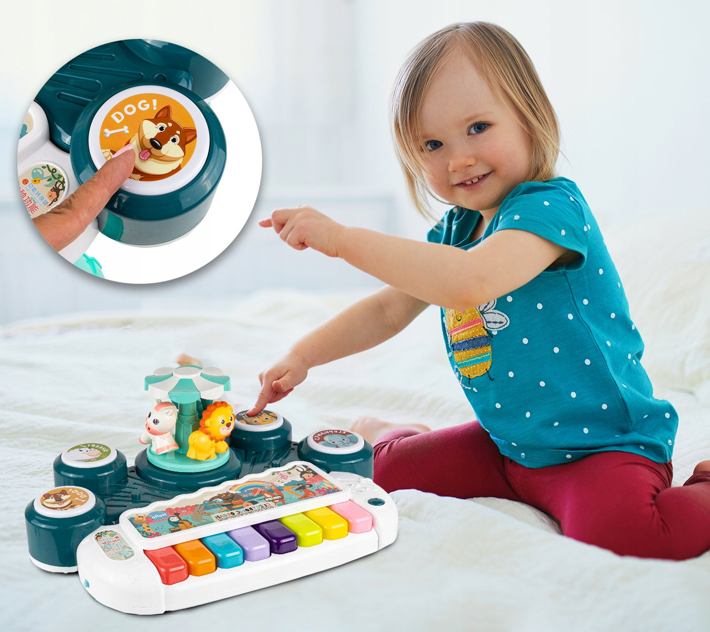 Masuta Educativa pentru Bebelusi 3 in 1 Animal Concert idealSTORE, Include un pian colorat cu lumini si sunete, Carusel cu Animalute, Tobe Muzicale, Comutator ON/OFF, Dezvolta Imaginatia Copilului