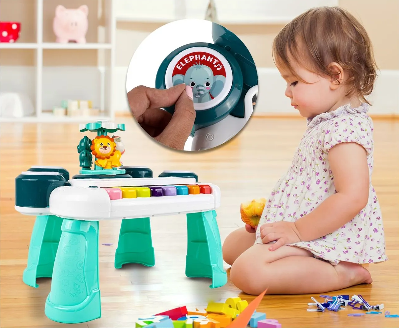 Masuta Educativa pentru Bebelusi 3 in 1 Animal Concert idealSTORE, Include un pian colorat cu lumini si sunete, Carusel cu Animalute, Tobe Muzicale, Comutator ON/OFF, Dezvolta Imaginatia Copilului