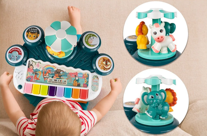 Masuta Educativa pentru Bebelusi 3 in 1 Animal Concert idealSTORE, Include un pian colorat cu lumini si sunete, Carusel cu Animalute, Tobe Muzicale, Comutator ON/OFF, Dezvolta Imaginatia Copilului