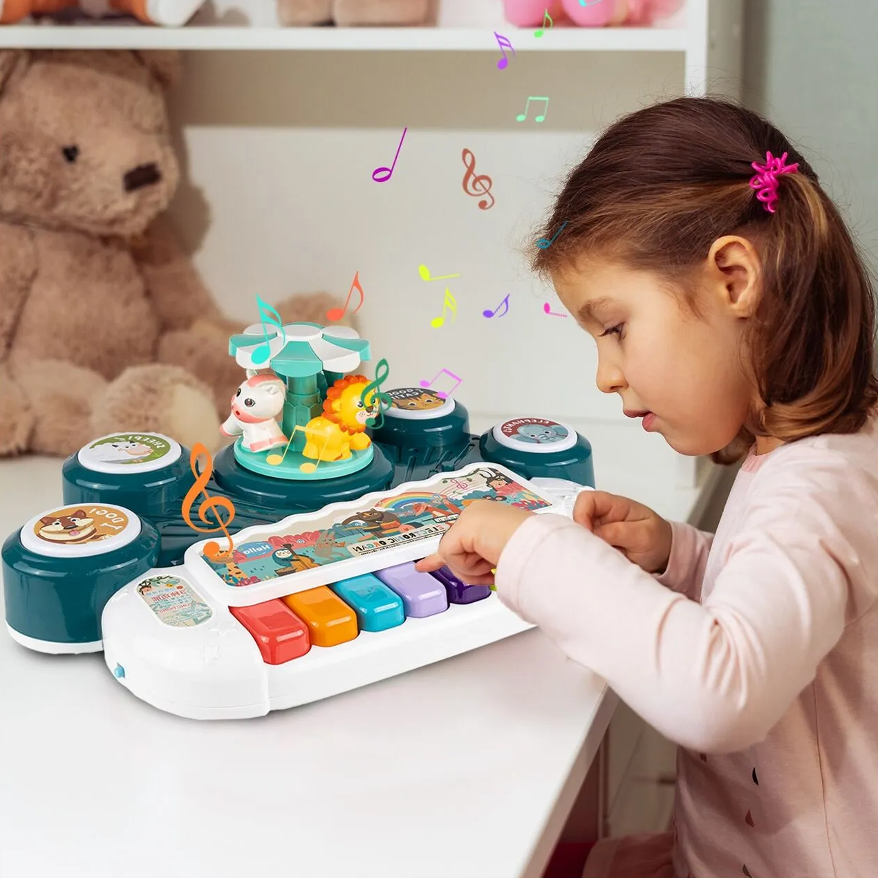 Masuta Educativa pentru Bebelusi 3 in 1 Animal Concert idealSTORE, Include un pian colorat cu lumini si sunete, Carusel cu Animalute, Tobe Muzicale, Comutator ON/OFF, Dezvolta Imaginatia Copilului