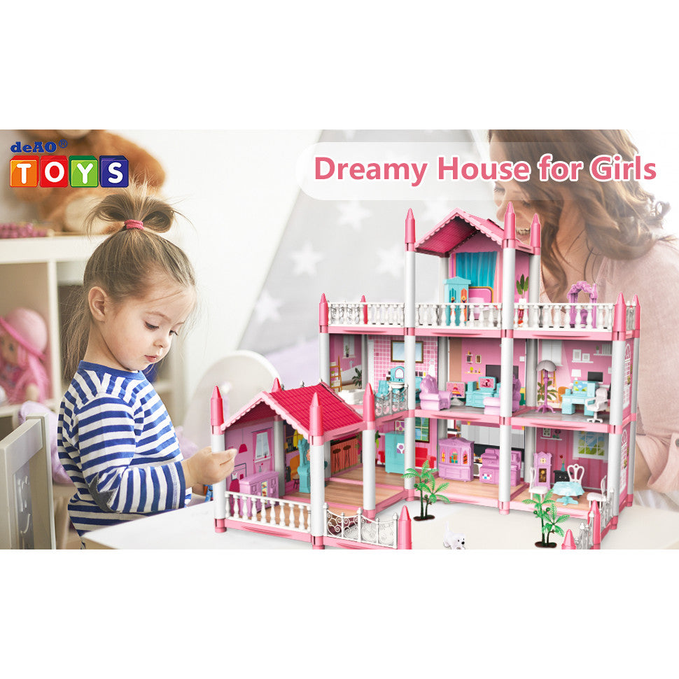 Casuta de Papusi Dreamy House For Girl idealSTORE, Construita pe 3 Nivele, 9 Camere Luminoase, 2 Terase, Include Birouri, Scaune, Copaci, Biblioteci, Non-Toxic, Fara Margini Ascutite, Design Minimalist