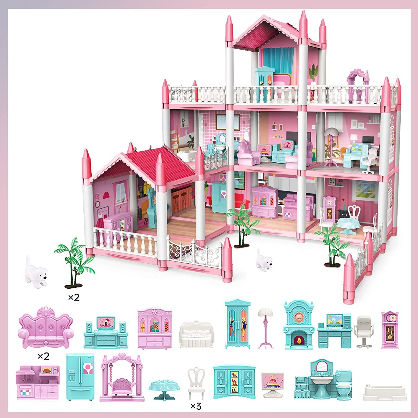 Casuta de Papusi Dreamy House For Girl idealSTORE, Construita pe 3 Nivele, 9 Camere Luminoase, 2 Terase, Include Birouri, Scaune, Copaci, Biblioteci, Non-Toxic, Fara Margini Ascutite, Design Minimalist