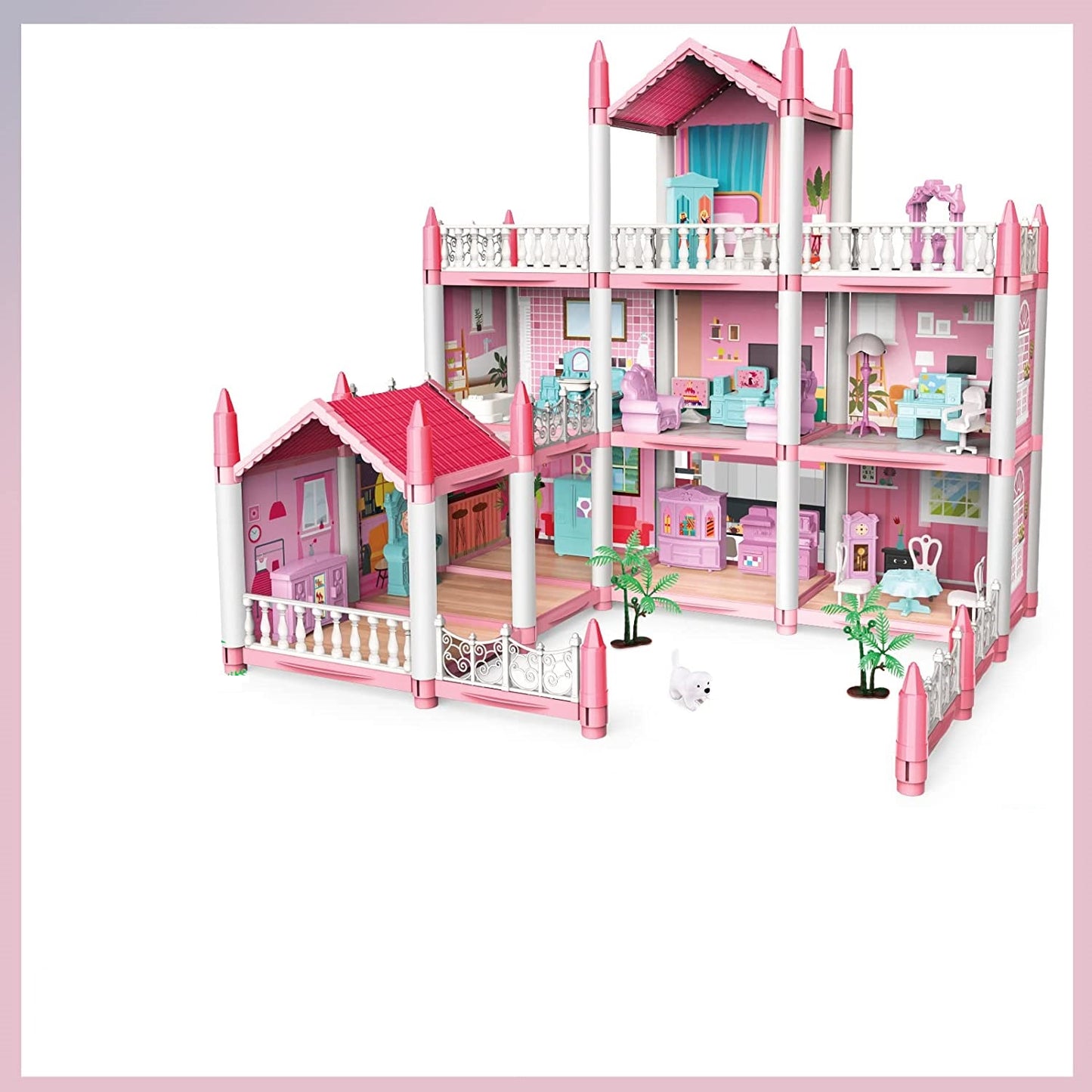 Casuta de Papusi Dreamy House For Girl idealSTORE, Construita pe 3 Nivele, 9 Camere Luminoase, 2 Terase, Include Birouri, Scaune, Copaci, Biblioteci, Non-Toxic, Fara Margini Ascutite, Design Minimalist