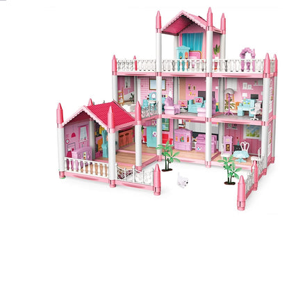 Casuta de Papusi Dreamy House For Girl idealSTORE, Construita pe 3 Nivele, 9 Camere Luminoase, 2 Terase, Include Birouri, Scaune, Copaci, Biblioteci, Non-Toxic, Fara Margini Ascutite, Design Minimalist