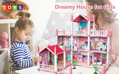 Casuta de Papusi Dreamy House For Girl idealSTORE, Construita pe 3 Nivele, 9 Camere Luminoase, 2 Terase, Include Birouri, Scaune, Copaci, Biblioteci, Non-Toxic, Fara Margini Ascutite, Design Minimalist