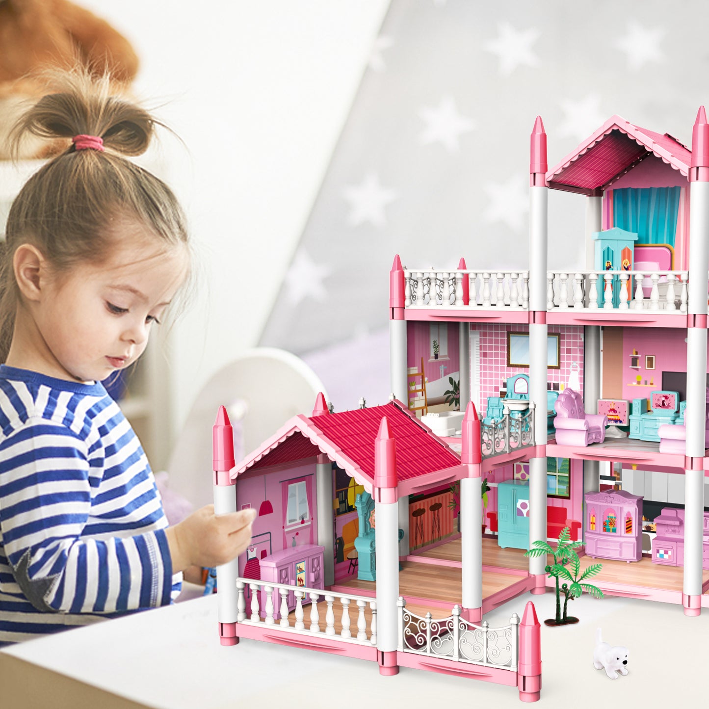 Casuta de Papusi Dreamy House For Girl idealSTORE, Construita pe 3 Nivele, 9 Camere Luminoase, 2 Terase, Include Birouri, Scaune, Copaci, Biblioteci, Non-Toxic, Fara Margini Ascutite, Design Minimalist