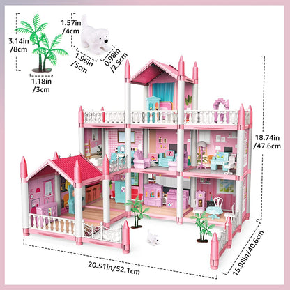 Casuta de Papusi Dreamy House For Girl idealSTORE, Construita pe 3 Nivele, 9 Camere Luminoase, 2 Terase, Include Birouri, Scaune, Copaci, Biblioteci, Non-Toxic, Fara Margini Ascutite, Design Minimalist