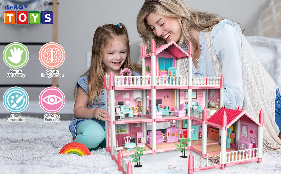 Casuta de Papusi Dreamy House For Girl idealSTORE, Construita pe 3 Nivele, 9 Camere Luminoase, 2 Terase, Include Birouri, Scaune, Copaci, Biblioteci, Non-Toxic, Fara Margini Ascutite, Design Minimalist