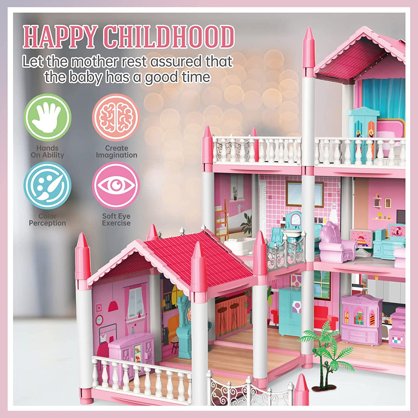 Casuta de Papusi Dreamy House For Girl idealSTORE, Construita pe 3 Nivele, 9 Camere Luminoase, 2 Terase, Include Birouri, Scaune, Copaci, Biblioteci, Non-Toxic, Fara Margini Ascutite, Design Minimalist