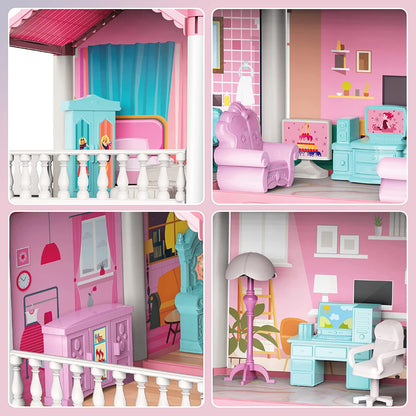 Casuta de Papusi Dreamy House For Girl idealSTORE, Construita pe 3 Nivele, 9 Camere Luminoase, 2 Terase, Include Birouri, Scaune, Copaci, Biblioteci, Non-Toxic, Fara Margini Ascutite, Design Minimalist