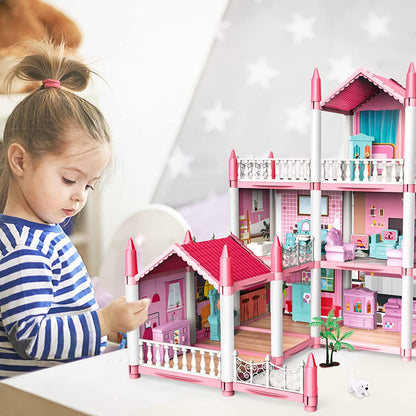 Casuta de Papusi Dreamy House For Girl idealSTORE, Construita pe 3 Nivele, 9 Camere Luminoase, 2 Terase, Include Birouri, Scaune, Copaci, Biblioteci, Non-Toxic, Fara Margini Ascutite, Design Minimalist