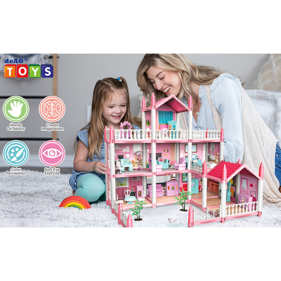 Casuta de Papusi Dreamy House For Girl idealSTORE, Construita pe 3 Nivele, 9 Camere Luminoase, 2 Terase, Include Birouri, Scaune, Copaci, Biblioteci, Non-Toxic, Fara Margini Ascutite, Design Minimalist