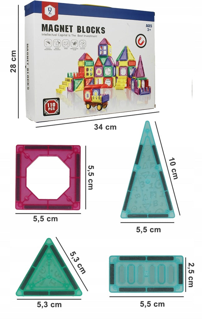 Set Inteligent de Constructie Intellectual Magnets 3D idealSTORE, Include 110 de Elemente Magnetice Multicolore, Sasiu Pentru Vehicul, Posibilitatea de a Creea Diferite Forme, Educativ- Creativ, Magneti Neodim
