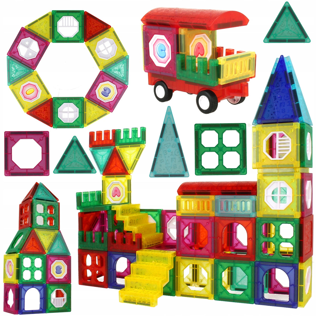 Set Inteligent de Constructie Intellectual Magnets 3D idealSTORE, Include 110 de Elemente Magnetice Multicolore, Sasiu Pentru Vehicul, Posibilitatea de a Creea Diferite Forme, Educativ- Creativ, Magneti Neodim