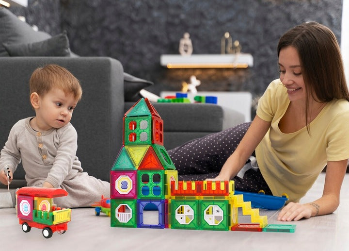 Set Inteligent de Constructie Intellectual Magnets 3D idealSTORE, Include 110 de Elemente Magnetice Multicolore, Sasiu Pentru Vehicul, Posibilitatea de a Creea Diferite Forme, Educativ- Creativ, Magneti Neodim