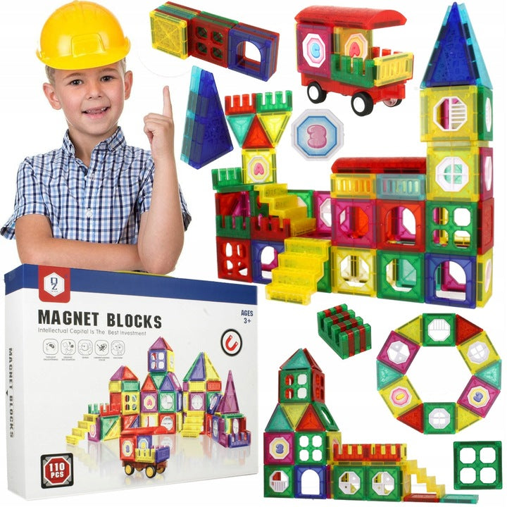 Set Inteligent de Constructie Intellectual Magnets 3D idealSTORE, Include 110 de Elemente Magnetice Multicolore, Sasiu Pentru Vehicul, Posibilitatea de a Creea Diferite Forme, Educativ- Creativ, Magneti Neodim