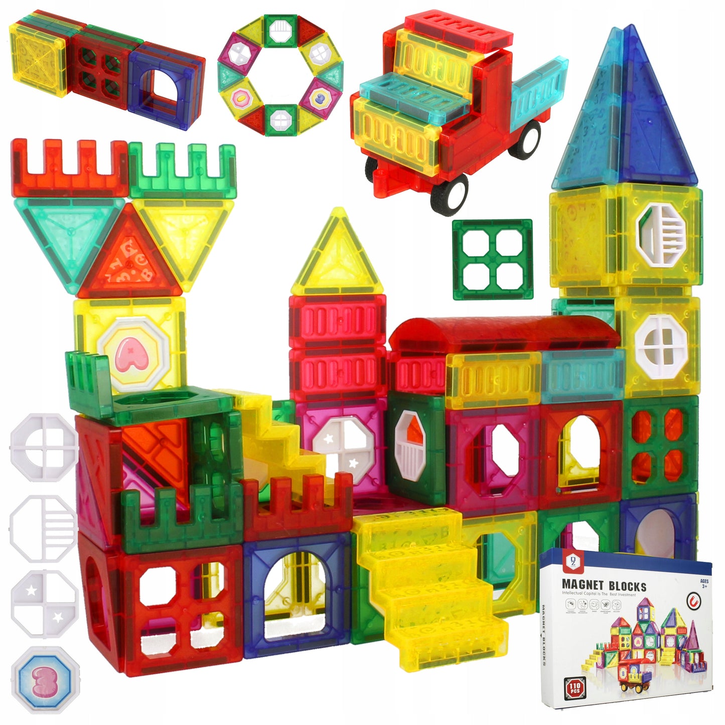 Set Inteligent de Constructie Intellectual Magnets 3D idealSTORE, Include 110 de Elemente Magnetice Multicolore, Sasiu Pentru Vehicul, Posibilitatea de a Creea Diferite Forme, Educativ- Creativ, Magneti Neodim