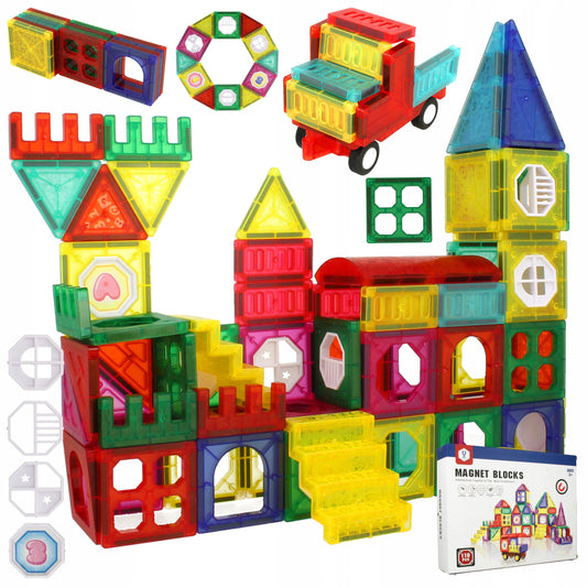 Set Inteligent de Constructie Intellectual Magnets 3D idealSTORE, Include 110 de Elemente Magnetice Multicolore, Sasiu Pentru Vehicul, Posibilitatea de a Creea Diferite Forme, Educativ- Creativ, Magneti Neodim