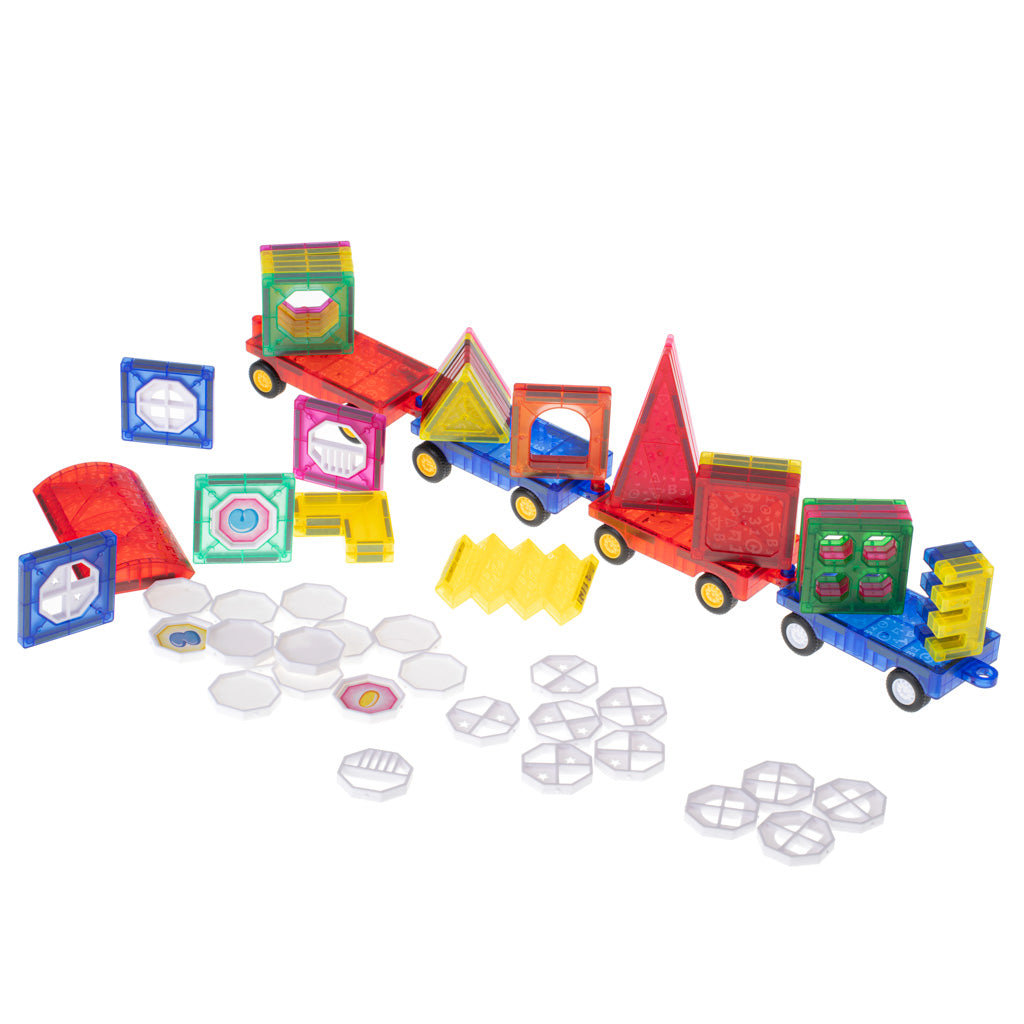 Set Inteligent de Constructie Intellectual Magnets 3D idealSTORE, Include 72 de Elemente Magnetice Multicolore, 4 Sasiuri Pentru Vehicule, Posibilitatea de a creea Forme Nelimitate, Educativ- Creativ, Magneti Puternici