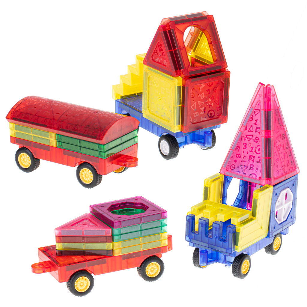 Set Inteligent de Constructie Intellectual Magnets 3D idealSTORE, Include 72 de Elemente Magnetice Multicolore, 4 Sasiuri Pentru Vehicule, Posibilitatea de a creea Forme Nelimitate, Educativ- Creativ, Magneti Puternici